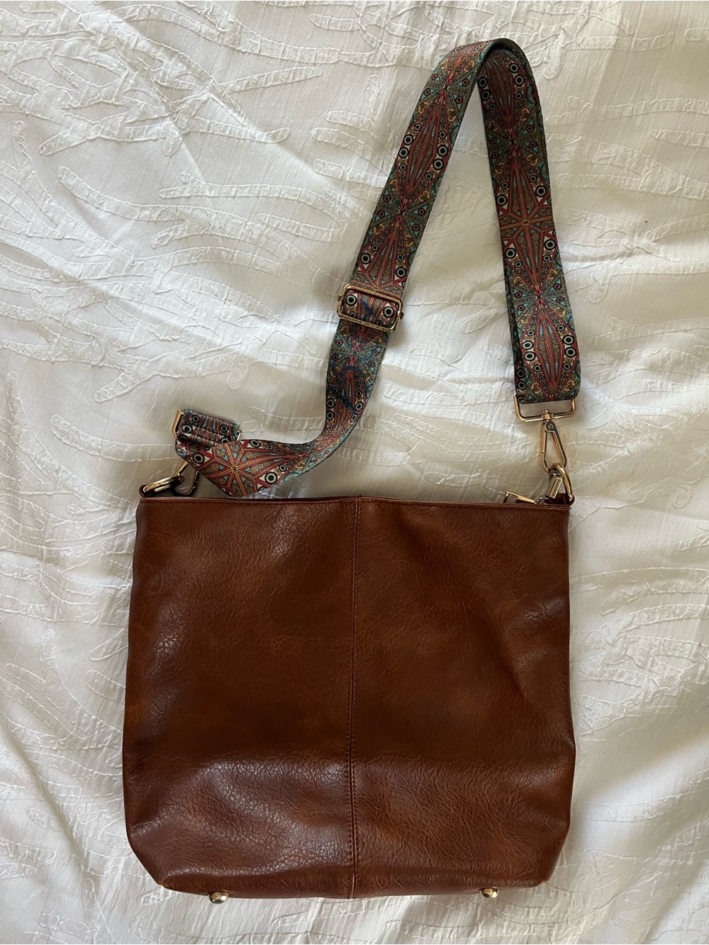 Cognac Vegan Leather Crossbody Bag with guitar strap - Brown